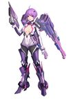  ahoge blush breasts cleavage eyebrows_visible_through_hair full_body gloves gun hair_ornament hairclip highres holding holding_gun holding_weapon large_breasts looking_at_viewer original purple_eyes purple_hair short_hair simple_background smile solo weapon white_background white_gloves youxuemingdie 