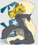  2016 anthro avante92 blonde_hair blue_eyes blush body_pillow butt canine female hair hairband hi_res hug kneeling lafille mammal nude pillow pussy smile solo wolf 