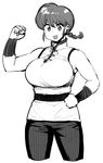  1girl arm_up braid breasts hand_on_hip highres large_breasts monochrome ranma-chan ranma_1/2 short_hair simple_background sketch smile solo synecdoche white_background 