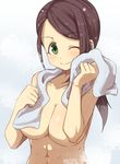  abs breasts brown_hair closed_mouth collarbone commentary_request eyebrows_visible_through_hair gazacy_(dai) green_eyes highres idolmaster idolmaster_cinderella_girls large_breasts long_hair looking_at_viewer nude one_eye_closed ponytail shiny shiny_skin smile solo towel towel_around_neck upper_body wet yamato_aki 