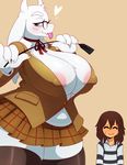  &lt;3 2015 ambiguous_gender anthro areola big_breasts blush boss_monster breasts caprine claws cleavage clothed clothing cosplay duo eyes_closed eyewear fangs female fur glasses goat hair hi_res horn huge_breasts human legwear long_ears looking_at_viewer mammal mature_female miniskirt mother nipple_bulge parent prison_school protagonist_(undertale) riding_crop shiraki_meiko simple_background skirt slightly_chubby sssonic2 stockings sweat tight_clothing tongue tongue_out toriel undertale video_games voluptuous whip white_fur wide_hips 