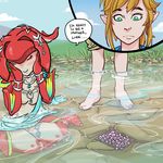  anthro barefoot bishopbb blush breasts breath_of_the_wild clothed clothing duo egg female fin green_eyes hands_on_face hi_res human jewelry link male mammal marine mipha nintendo outside raised_eyebrows small_breasts smile the_legend_of_zelda video_games zora 