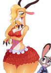  2015 antelope anthro big_butt blonde_hair bracelet breasts brown_eyes butt cleavage clothed clothing disney duo female gazelle gazelle_(zootopia) hair hair_over_eye hi_res holding_breast huge_butt huge_hips jewelry judy_hopps lagomorph larger_female mammal navel rabbit simple_background size_difference smaller_female sssonic2 thick_thighs voluptuous white_background wide_hips zootopia 