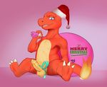  balls charmeleon christmas cute_fangs english_text erection flaming_tail foreskin hat holidays humanoid_penis long_foreskin male nintendo nude open_mouth penis penis_ribbon pinup pok&eacute;mon pose reclining ribbons santa_hat scalie semi-anthro seyrmo sitting smile solo spread_legs spreading text uncut video_games 