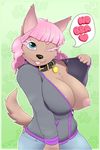  &lt;3 anthro big_breasts blue_eyes breasts canine chest_tuft clothed clothing collar dog female flashing hair mammal nipples one_breast_out one_eye_closed pink_hair simple_background sweater text tongue tuft twistedlilheart wink zipper 