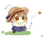  artist_name brown_hair bug butterfly chibi commentary_request eyebrows_visible_through_hair flying_sweatdrops geta hair_between_eyes hakama hat ina_(1813576) insect japanese_clothes kaga_(kantai_collection) kantai_collection kimono long_hair no_mouth running side_ponytail solo translated 