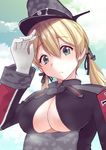 blonde_hair blue_eyes breasts cloud cloudy_sky commentary_request day gloves hair_between_eyes hat highres kantai_collection large_breasts long_hair long_sleeves low_twintails masukuza_j military military_uniform open_mouth peaked_cap prinz_eugen_(kantai_collection) sky solo sweat twintails uniform white_gloves 
