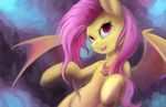  2016 bat_pony equine fangs female feral flutterbat_(mlp) fluttershy_(mlp) friendship_is_magic fur hair hobbes_maxwell long_hair mammal membranous_wings my_little_pony open_mouth pink_hair solo wings yellow_fur 