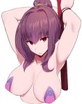  armpits arms_behind_head breasts cleavage covered_nipples fate/grand_order fate_(series) gae_bolg large_breasts long_hair looking_at_viewer miyamoto_issa pasties purple_hair red_eyes scathach_(fate)_(all) scathach_(swimsuit_assassin)_(fate) simple_background solo white_background 