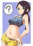  ? bare_shoulders black_hair black_panties breasts camouflage_shirt closed_mouth commentary_request eyebrows_visible_through_hair gazacy_(dai) green_eyes hair_tie highres idolmaster idolmaster_cinderella_girls large_breasts long_hair looking_at_viewer midriff navel panties ponytail pulled_by_self short_shorts shorts shorts_pull solo sports_bra standing underwear yamato_aki yellow_shorts 