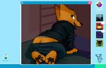  2017 all_fours anthro black_nose blue_eyes butt canine clothed clothing computer cute_fangs eyebrows fox fur glitter_trap_boy gregg_(nitw) jacket jeans laptop looking_at_viewer looking_back male male/male mammal monitor night_in_the_woods open_mouth pants pawpads screen tailless teeth video_games yellow_fur 