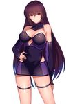  alternate_costume ass_visible_through_thighs bangs bare_shoulders breasts cleavage closed_mouth commentary_request detached_sleeves eyebrows_visible_through_hair fate/grand_order fate_(series) hand_on_hip large_breasts legs_apart long_hair looking_at_viewer miniskirt purple_eyes purple_hair saisarisu scathach_(fate)_(all) scathach_(fate/grand_order) shiny shiny_skin simple_background skirt smile solo standing straight_hair thigh_strap very_long_hair white_background 