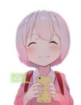  ^_^ backlighting backpack bag blush cellphone closed_eyes commentary_request eromanga_sensei gradient_hair happy happy_tears highres holding holding_phone izumi_sagiri mail multicolored_hair parted_lips phone pink_hair randoseru ranyu school_uniform short_hair silver_hair simple_background smartphone smile solo tears teeth upper_body white_background younger 