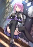  armor armored_dress black_dress black_legwear dress fate/grand_order fate_(series) gloves hair_over_one_eye highres holding_hands looking_at_viewer mash_kyrielight mosta_(lo1777789) pink_eyes pink_hair shield short_hair sitting sky sleeveless solo stairs thighhighs town 