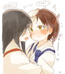  2girls akagi_(kantai_collection) artist_name black_hair blush brown_eyes brown_hair commentary eyebrows_visible_through_hair flying_sweatdrops hair_ribbon hand_on_another's_head ina_(1813576) japanese_clothes kaga_(kantai_collection) kantai_collection kimono long_hair multiple_girls open_mouth partially_translated red_ribbon ribbon round_teeth side_ponytail straight_hair sweatdrop tasuki teeth translation_request upper_body 