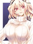  blonde_hair breasts commentary_request earrings eyebrows_visible_through_hair hair_between_eyes hair_ribbon jewelry large_breasts looking_at_viewer moltena_(sennen_sensou_aigis) parted_lips red_eyes ribbed_sweater ribbon sennen_sensou_aigis short_hair silve smile solo sweater turtleneck upper_body wavy_hair white_sweater 