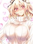  blonde_hair blush breasts commentary_request earrings eyebrows_visible_through_hair hair_between_eyes hair_ribbon heart heart-shaped_pupils heart_background jewelry large_breasts looking_at_viewer moltena_(sennen_sensou_aigis) red_eyes ribbed_sweater ribbon sennen_sensou_aigis short_hair silve smile solo sweater symbol-shaped_pupils turtleneck upper_body wavy_hair white_sweater 