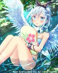  1girl angel_wings ass black_ribbon blue_eyes blush board bracelet cross eyebrows_visible_through_hair falkyrie_no_monshou hairband jewelry looking_at_viewer natsumekinoko official_art open_mouth partially_submerged ribbon short_hair silver_hair solo swimsuit wings 