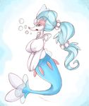  big_breasts blue_hair blue_skin breasts cladz female feral hair hi_res nintendo nude open_mouth pink_nose pok&eacute;mon primarina semi-anthro simple_background solo video_games white_skin 