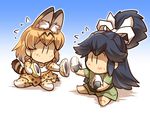  animal_ears barefoot bow bowtie chibi comic commentary crossover elbow_gloves flying_sweatdrops food gloves gradient gradient_background hair_ribbon hisahiko japanese_clothes japari_bun kantai_collection katsuragi_(kantai_collection) kemono_friends long_hair multiple_girls onigiri ponytail ribbon serval_(kemono_friends) serval_ears serval_print serval_tail sharing_food shirt short_hair skirt sleeveless sleeveless_shirt tail thighhighs white_ribbon younger 