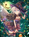  adjusting_clothes adjusting_hat black_hat blue_eyes blush bow breasts broom broom_riding eyebrows_visible_through_hair falkyrie_no_monshou halloween hat jack-o'-lantern large_breasts looking_at_viewer natsumekinoko official_art parted_lips pumpkin purple_bow short_hair silver_hair solo witch_hat 