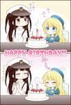  2koma adapted_costume aqua_eyes atago_(kantai_collection) beret birthday birthday_cake black_hair blonde_hair blowing brown_eyes cake candle closed_eyes comic commentary_request flying_sweatdrops food fruit happy_birthday hat kantai_collection little_girl_admiral_(kantai_collection) long_hair migu_(migmig) multiple_girls peaked_cap shirt short_sleeves strawberry table translated twintails white_shirt younger 