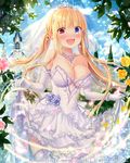  blonde_hair blue_eyes blush bracelet breasts bride cleavage dress earrings elbow_gloves eyebrows_visible_through_hair falkyrie_no_monshou fang gloves heterochromia jewelry large_breasts lifted_by_self long_hair looking_at_viewer natsumekinoko necklace official_art open_mouth red_eyes skirt skirt_lift smile solo thighhighs wedding wedding_dress white_gloves white_legwear 