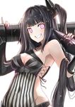  :d architect_(girls_frontline) asymmetrical_clothes black_hair breasts cleavage covered_navel girls_frontline glowing glowing_eyes grin long_hair looking_at_viewer luse_maonang medium_breasts nail_polish open_mouth pink_eyes pinky_out rocket rocket_launcher rpg sangvis_ferri side_ponytail smile solo very_long_hair weapon 
