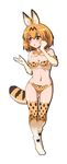  animal_ears bikini blush bow bowtie breasts cleavage commentary_request elbow_gloves full_body gloves hayashiya_zankurou highres kemono_friends medium_breasts midriff navel open_mouth serval_(kemono_friends) serval_ears serval_print serval_tail solo striped_tail swimsuit tail 