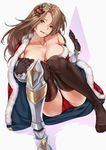  areola_slip areolae bangs bell black_gloves black_legwear blush bow breasts breath brown_hair cape collarbone covering_nipples elbow_gloves fur_trim gloves granblue_fantasy hair_bell hair_bow hair_ornament head_tilt highres katalina_aryze knees_to_chest large_breasts long_hair off_shoulder open_mouth panties red_panties single_greave solo squatting sweat swept_bangs thighhighs underwear vambraces yamaishi_(mukoubuti) 