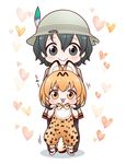  animal_ears bib black_eyes black_gloves black_hair blush commentary_request gloves hair_between_eyes hat hat_feather heart helmet holding_hands kaban_(kemono_friends) kemono_friends looking_at_viewer migu_(migmig) multiple_girls onesie orange_eyes orange_hair pith_helmet serval_(kemono_friends) serval_ears serval_print serval_tail short_hair simple_background smile standing tail translated white_background younger 