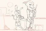  2016 anthro apron black_and_white broom canine clothed clothing dancing disney duo duster female fox holding_object judy_hopps lagomorph male mammal monochrome mop musical_note nick_wilde rabbit radio sprinkah tail_scarf zootopia 