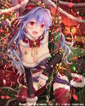  bell blush breasts cherry_earrings christmas christmas_lights christmas_tree christmas_wreath cleavage earrings eyebrows_visible_through_hair falkyrie_no_monshou fang food_themed_earrings holly jewelry large_breasts lavender_hair looking_at_viewer natsumekinoko official_art open_mouth red_eyes red_legwear seiza sitting smile solo thighhighs wreath 