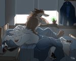  2016 3_toes anthro bed bed_sheet bedding bedroom brown_fur brown_nose canine chest_tuft clock clothing coat digital_media_(artwork) disney duo eyes_closed fur gary_(zootopia) inside larry_(zootopia) lying male male/male mammal morning on_bed on_front open_mouth pawpads paws phone pillow plant sitting sleeping takemoto_arashi teeth toes tongue tongue_out tuft under_covers white_fur wolf yawn zootopia 
