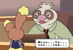  anthro brown_fur bulletproof_vest buneary clothed clothing cosplay crossover disney duo english_text flash_slothmore flat_colors fur judy_hopps kirbopher lagomorph long_ears looking_at_another mammal necktie nintendo open_mouth parody pok&eacute;mon shirt size_difference slakoth sloth standing text video_games zootopia 