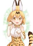  absurdres animal_ears blonde_hair bow bowtie brown_eyes elbow_gloves extra_ears gloves highres kemono_friends looking_at_viewer miyabi_(miyabeeya) open_mouth paw_pose serval_(kemono_friends) serval_ears serval_print serval_tail short_hair solo striped_tail tail 