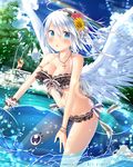 angel_wings bikini black_bikini blue_eyes blush bracelet breasts cleavage cross cross_necklace eyebrows_visible_through_hair falkyrie_no_monshou flower hair_flower hair_ornament hairband inflatable_toy inflatable_whale jewelry large_breasts looking_at_viewer natsumekinoko navel necklace official_art parted_lips short_hair silver_hair sitting sunflower_hair_ornament sweatdrop swimsuit wings 