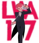  &gt;:) absurdres amanda_o'neill coattails commentary_request crossdressing formal green_eyes highres little_witch_academia mittsun multicolored_hair orange_hair rapier red_hair reverse_trap smile solo suit sword two-tone_hair v-shaped_eyebrows weapon white_background 