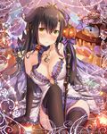  bat_wings black_gloves black_hair black_legwear blush breasts cleavage demon_girl elbow_gloves falkyrie_no_monshou gloves halloween holding holding_staff jack-o'-lantern jewelry large_breasts long_hair looking_at_viewer natsumekinoko necklace official_art parted_lips pumpkin sitting staff thighhighs wings yellow_eyes 