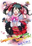  \m/ ^_^ black_hair black_legwear bow choker closed_eyes commentary_request double_\m/ earrings fingerless_gloves flat_chest gloves hair_bow idol jewelry jumping legs_together love_live! love_live!_school_idol_project nico_nico_nii over-kneehighs red_bow red_gloves shichii_jurio skirt smile solo thighhighs twintails yazawa_nico 