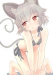  animal_ears barefoot bikini black_bikini breasts cleavage closed_mouth expressionless grey_hair ishikkoro mouse_ears mouse_tail nazrin red_eyes short_hair side-tie_bikini simple_background small_breasts solo swimsuit tail thigh_gap touhou white_background 