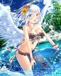  angel_wings bikini black_bikini blue_eyes blush bracelet breasts cleavage cross cross_necklace eyebrows_visible_through_hair falkyrie_no_monshou flower hair_flower hair_ornament hairband inflatable_toy inflatable_whale jewelry large_breasts looking_at_viewer natsumekinoko navel necklace official_art open_mouth short_hair silver_hair sitting sunflower_hair_ornament sweatdrop swimsuit wings 