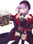  ;d bare_shoulders belt beret book coat detached_collar fate/grand_order fate_(series) frills hand_on_hip hat helena_blavatsky_(fate/grand_order) one_eye_closed open_book open_clothes open_coat open_mouth purple_eyes purple_hair purple_legwear short_hair smile solo teeth thighhighs uraha 