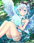  1girl angel_wings ass black_ribbon blue_eyes blush board bracelet cross eyebrows_visible_through_hair falkyrie_no_monshou hairband jewelry looking_at_viewer natsumekinoko official_art partially_submerged ribbon short_hair silver_hair smile solo swimsuit wings 