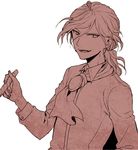  collared_shirt edmond_dantes_(fate/grand_order) fangs fate/grand_order fate_(series) hand_up holding long_sleeves looking_at_viewer male_focus monochrome parted_lips ponytail shirt simple_background smile solo upper_body uraha wavy_hair white_background 