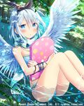  1girl angel_wings ass black_ribbon blue_eyes blush board bracelet cross eyebrows_visible_through_hair falkyrie_no_monshou hairband jewelry looking_at_viewer natsumekinoko official_art parted_lips partially_submerged ribbon short_hair silver_hair solo swimsuit wings 