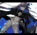  armor armored_boots bangs black_coat blue_eyes blue_ribbon boots closed_mouth commentary crotch_plate dutch_angle eyebrows_visible_through_hair fate/extra fate/extra_ccc fate/grand_order fate_(series) floating_hair hair_ribbon highres juliet_sleeves legs_apart letterboxed long_hair long_sleeves looking_at_viewer meltlilith navel puffy_sleeves purple_hair revealing_clothes ribbon shiyunoa smile solo thighs 