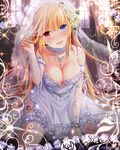  blonde_hair blue_eyes blush bracelet breasts bridal_veil bride cleavage dress earrings eyebrows_visible_through_hair falkyrie_no_monshou fang flower hair_flower hair_ornament heterochromia jewelry large_breasts lifted_by_self long_hair looking_at_viewer natsumekinoko necklace official_art open_mouth red_eyes seiza sitting skirt smile solo sweat sweatdrop thighhighs veil wedding wedding_dress white_legwear 