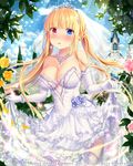  blonde_hair blue_eyes blush bracelet breasts bride cleavage dress earrings elbow_gloves eyebrows_visible_through_hair falkyrie_no_monshou gloves heterochromia jewelry large_breasts lifted_by_self long_hair looking_at_viewer natsumekinoko necklace official_art parted_lips red_eyes skirt skirt_lift solo thighhighs tiara wedding wedding_dress white_gloves white_legwear 