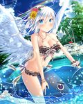  angel_wings bikini black_bikini blue_eyes blush bracelet breasts cleavage cross cross_necklace eyebrows_visible_through_hair falkyrie_no_monshou flower hair_flower hair_ornament hairband inflatable_toy inflatable_whale jewelry large_breasts looking_at_viewer natsumekinoko navel necklace official_art short_hair silver_hair sitting smile sunflower_hair_ornament sweatdrop swimsuit wings 